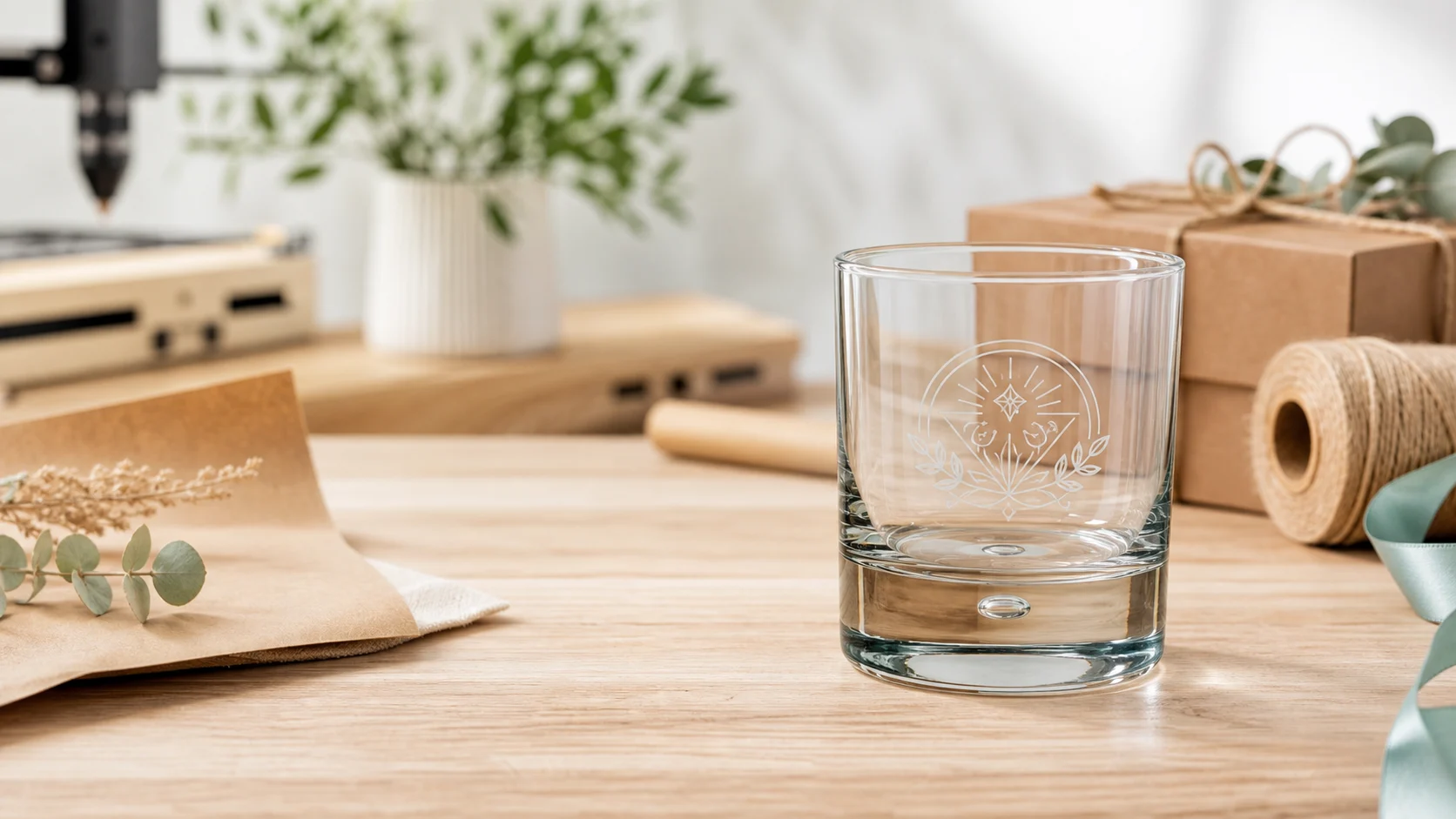 Gegraveerd whiskyglas op een lichte werkbank met cadeauverpakking